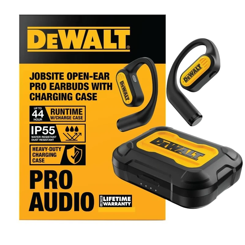 DEWALT Heavy Duty Open Ear Headphones, Bluetooth 5.3 Wireless Earbuds IP55, 44Hrs Runtime, Jobsite Premium Sound True Wireless Air Conduction Open Ear Earbuds with Earhooks for Worksites and Workouts