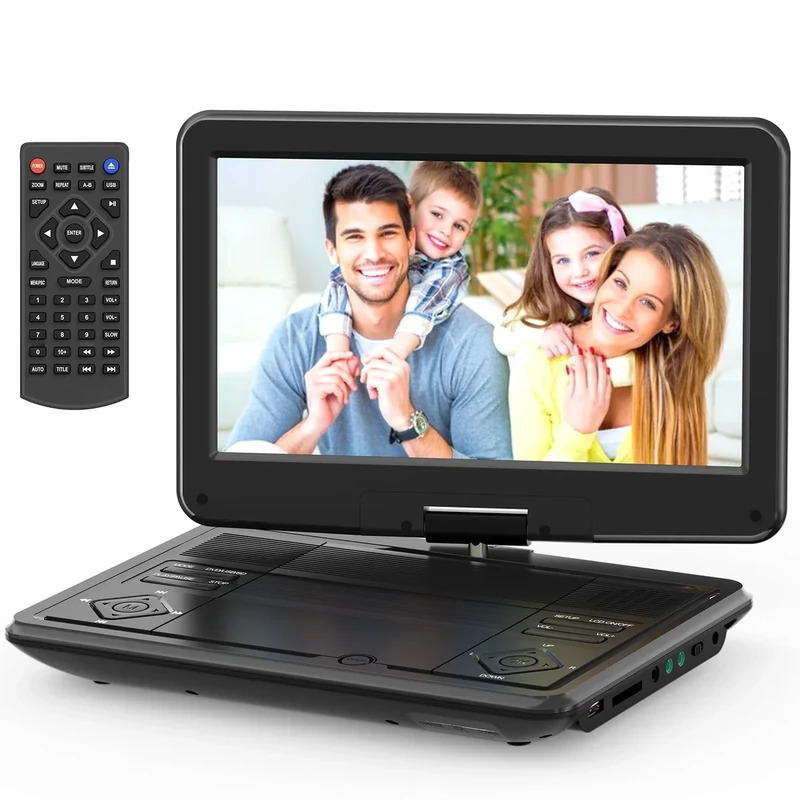 12.5" Portable DVD Player with 10.5" Swivel Screen, 5-Hours Rechargeable Battery,Car DVD Player,Support CD/DVD/SD Card/USB,Regions Free,Dual Speakers, Black (PD-102)