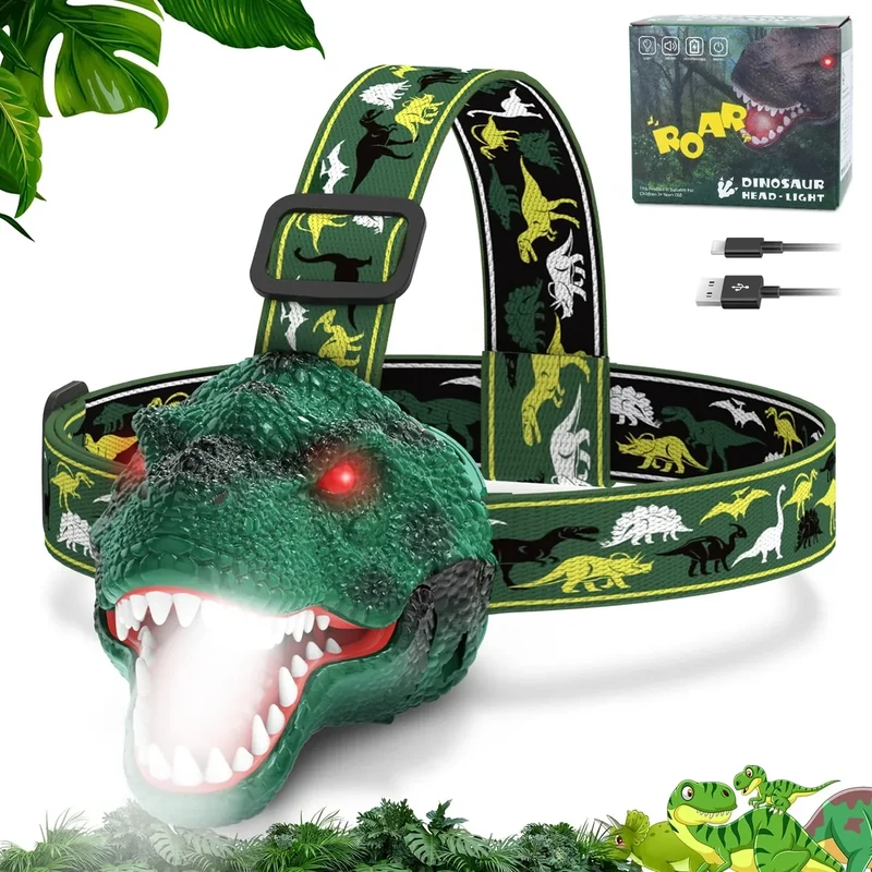 Nitigo Dinosaur Headlamp for Kids Flashlight Rechargeable Led Dino Head Lamp Roar & Silent Mode, T-Rex Dinosaur Toys for Kids 3 4 5 6 7 8, Camping Gear, Easter Gifts for Boys Girls Adults