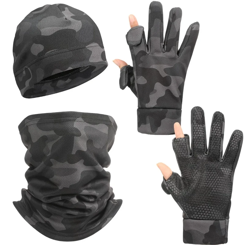 Janmercy 3 Pcs Camo Hunting Gloves Beanie and Scarf Set Anti-slip Touchscreen Gloves for Men Women Gift Cold Weather Hunting Gear Accessories(Black,Camo)