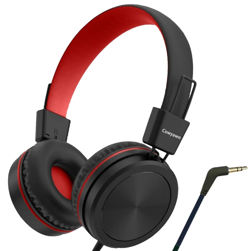 Cowyawn Kids Headphones - 94dB Safe Volume Limiter, On-Ear, Red/Black
