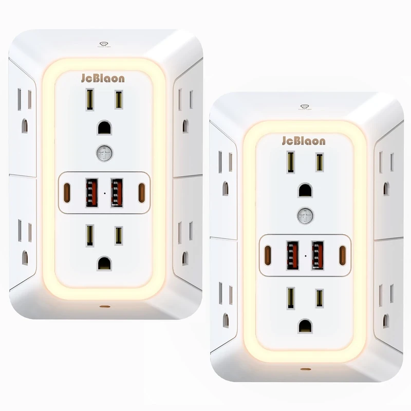 JcBlaon 6-Outlet Power Strip with Night Light, 4 USB (2A/2C) - 2 Pack