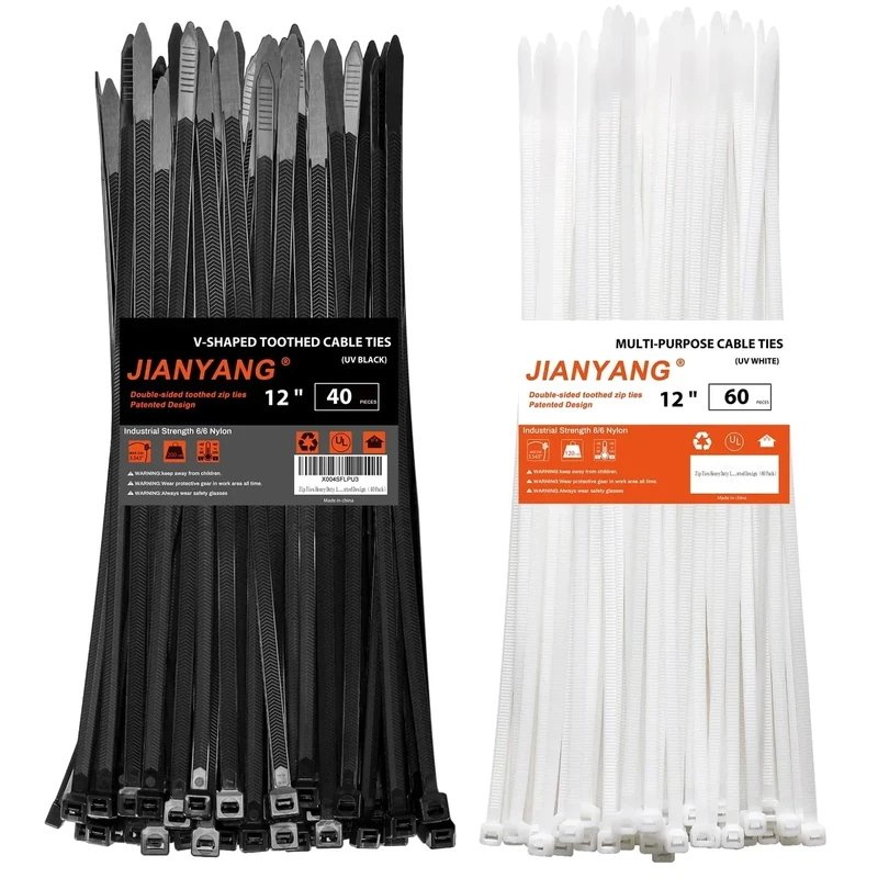JIANYANG 12" Zip Ties 100 Pack - 200lb Tensile, Double-Sided