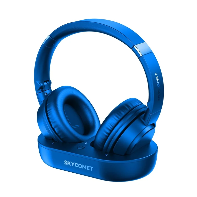 SKYCOMET Wireless TV Headphones for Seniors - 100ft Sync, Gift (Blue)