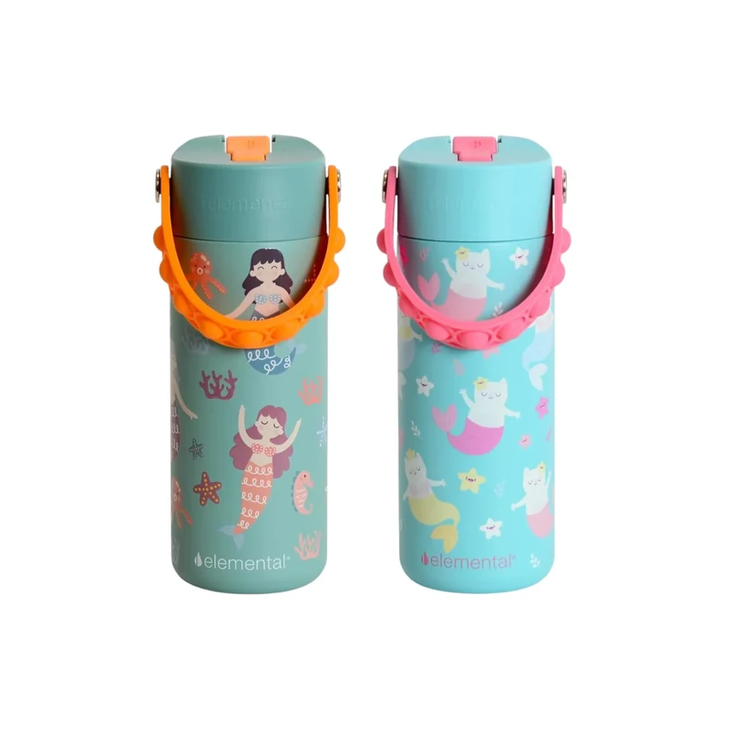 Elemental 100% Leak Proof When Spout is Closed Insulated Kids Water Bottle, Stainless Steel Bottle for School with Straw Lid & Pop-It Handle, Meowmaid & Mermaid Sisters -18oz (2 Pack)