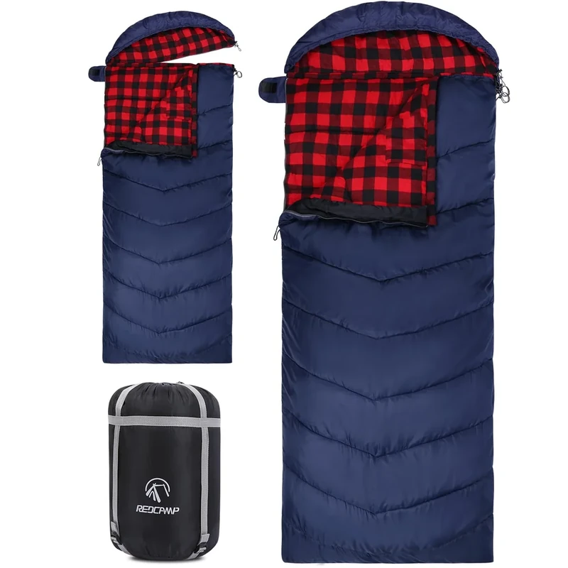 REDCAMP Flannel Sleeping Bag for Adults, Large Comfortable Cotton Sleeping Bags for Camping Hiking with Detachable Hood, Red Plaid with 4lbs Filling, 91"x33"