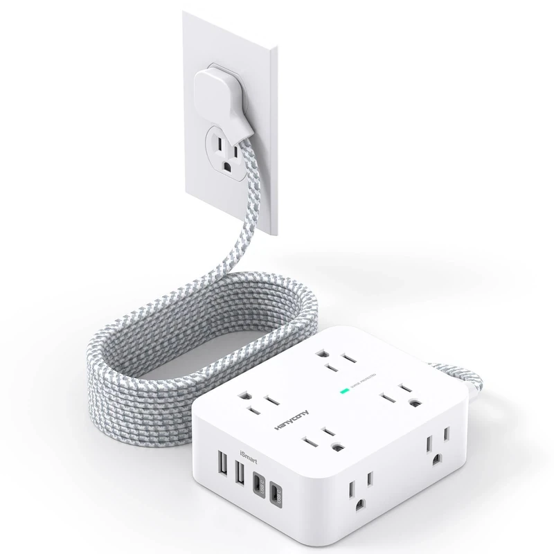 HANYCONY 10Ft Flat Extension Cord - 8 Outlets, 2 USB-C & 2 USB-A