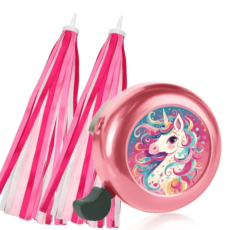 Kids Bike Bell with 2 Pcs Bike Streamers for Girls, Cute Children's Bicycle Accessories (Unicorn Bell+Tassels-B)