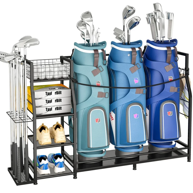 Golf bag stand for Golf Bag Accessories, Golf Bag Storage Organizer Fits 3 Bags for Garage Organization, Golf Organizer with Extra Storage Rack for Golf Clubs & Golf Essentials, Golf Gifts for Men