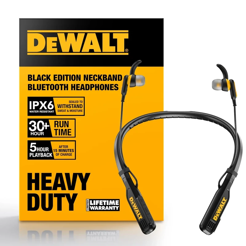 DEWALT Magnetic Bluetooth Neckband Headphones - 30H Runtime, Black - Image 1