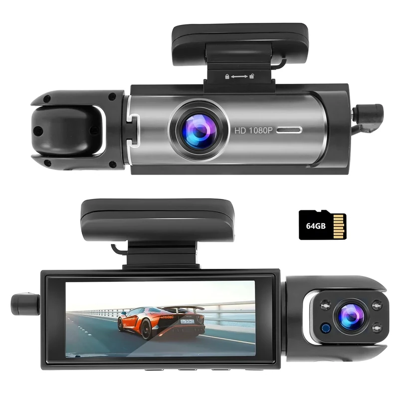 Dash Camera Front and Inside, 3.16inch Dash Cam 1080P, G Sensor HD Night Vision Loop Recording Wide Angle Car DVR (64G TF Card)