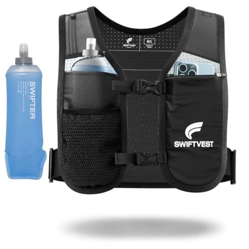 SWIFTVEST Running Vest for Women & Men with Water Bottle | Lightweight Hydration Vest | Reflective Running Gear | Adjustable Fit | 6 Pockets | Phone Holder for Runners