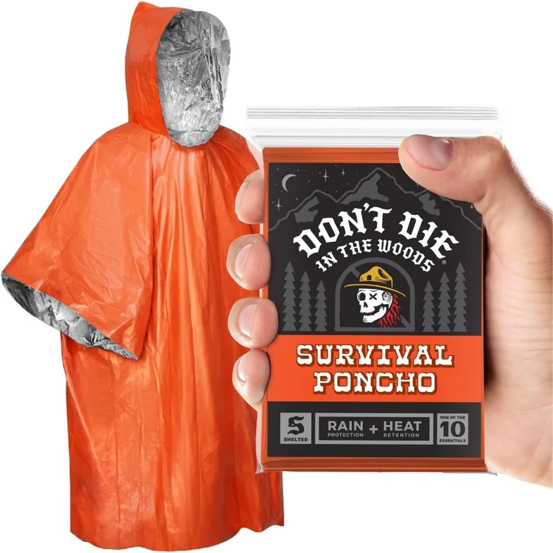 Don't Die In The Woods - Survival Poncho [1-Pack] - Rain Protection + Heat Retention - Wearable Emergency Space Blanket For Hiking Camping First Aid Kit Outdoor Gear (Orange)