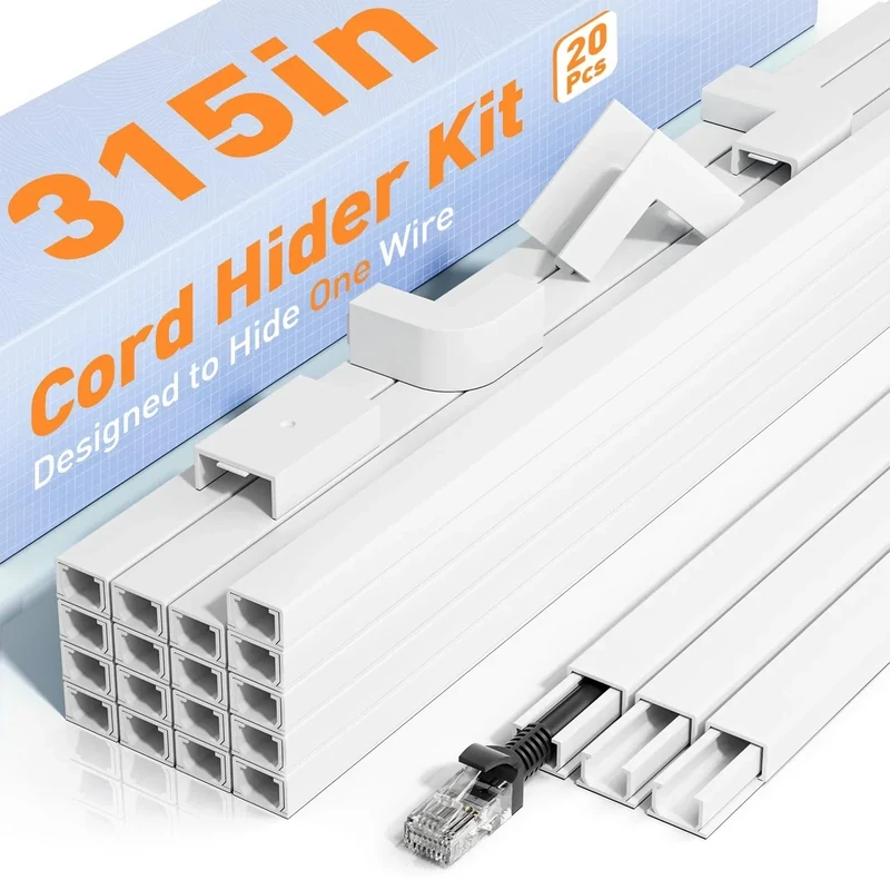 Delamu 315in Cord Hider White - One-Cord Cable Cover for TV Wall