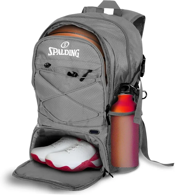 Spalding Basketball Backpack Sports Bag | Large Grey Backpack with Shoe and Ball Compartment | Use for Sport Accessories and Stuff | Basketball Gifts for Sports Players