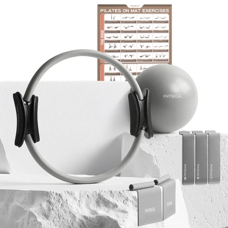 PhysKcal Pilates Ring Set, 15-Inch Magic Circle with 1x Core Ball, 3X Resistant Loop and 2X Flex Band, Mat Pilates at Home Essential Kit (Mist)