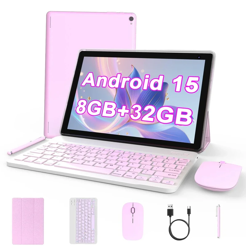 Android 15 Tablet 10 inch, 2 in 1 Tablet with Keyboard. 8GB RAM+32GB ROM Support 1TB Expandable Tablets PC, Quad-Core CPU, HD Screen, BT, WiFi, Long Battery Life Tablets with Case Mouse Stylus, Pink