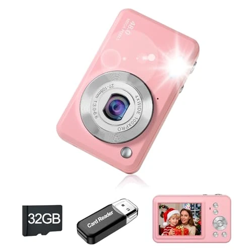 Digital Camera,1080P HD Point and Shoot Digital Cameras with 32GB Memory Card, Long Battery Life Compact Camera, Ideal Gifts for Kids Boys Girls(Light Red)