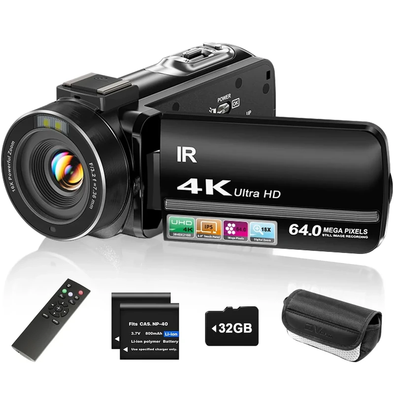 ZYDIIE 4K 64MP Camcorder - 18x Zoom, 3" Touchscreen, Night Vision