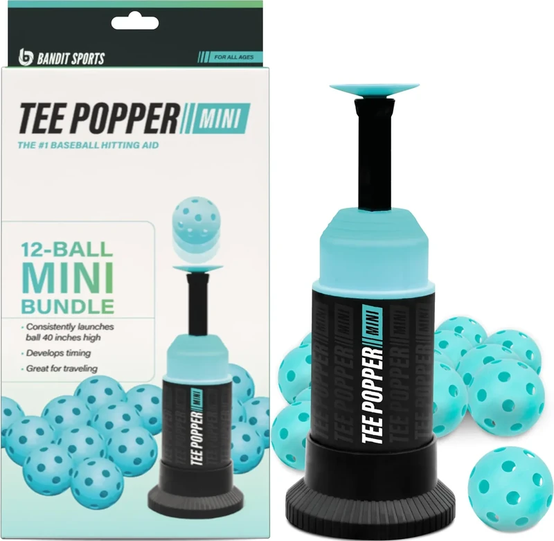 Bandit Sports Baseball Training Mini Tee Popper Bundle, Hitting Tee for Perfect Swings, Batting Equiptment for Practicing Hitting Without a Pitcher (12 Popper Balls Included)