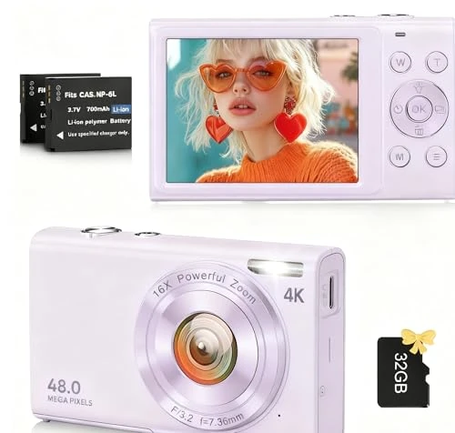 FJFJOPK 4K 48MP Vlog Camera - 16X Zoom, 32GB SD Card, 2 Batteries