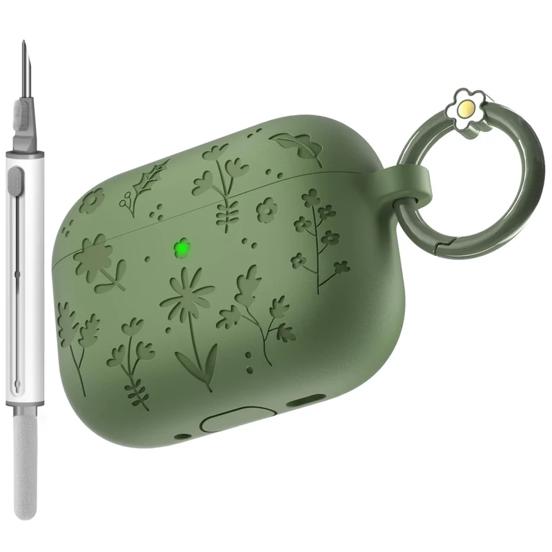 for AirPods Pro 3 Case (2025) DamonLight Floral Engraved Shockproof Protective Soft Silicone Case Cover with Cleaning Pen and Floral Keychain for Apple Airpods Pro 3rd Generation (Olive Green)