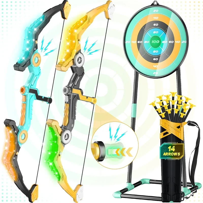 2 Packed Kids Bow and Arrow Set with Sound Effects & LED Flash Lights Achery Set, Indoor Outdoor Toys for Ages 4-8 8-12, Birthday Gifts for 3 4 5 6 7 8 9 10 11 12 Year Old Boys Girls Children, Yellow