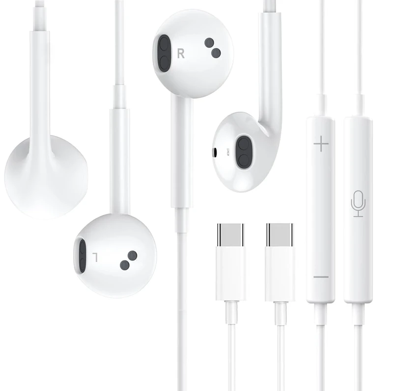 2 Packs USB C Headphones，Type C for iPhone Wired Headphones for iPhone 16/15/17 Earbuds with Mic and Volume Control，Hi-Fi Stereo In Ear Earphones for Galaxy S24/S23~S20/Note 10/20 (White+White)