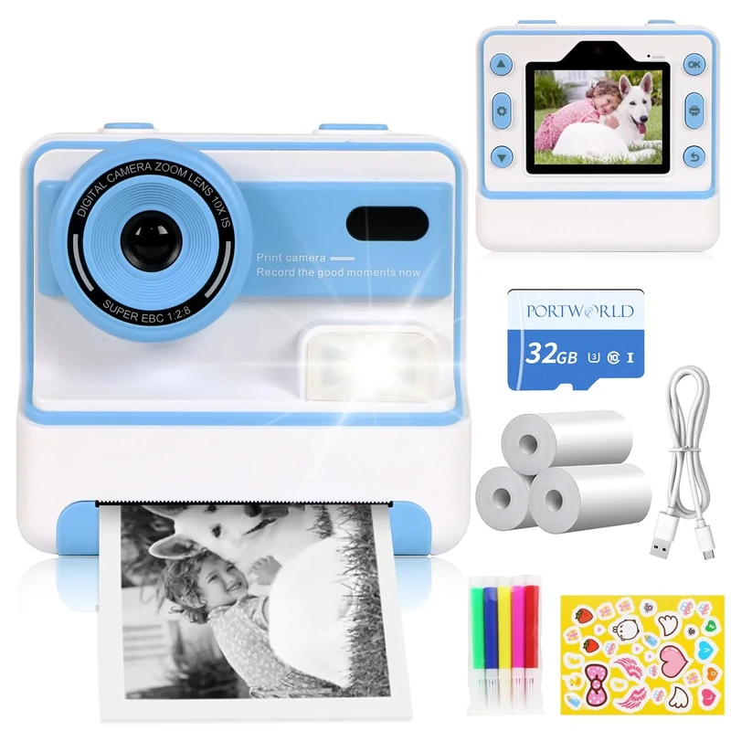 Instant Print Camera for Kids: 1080p Printable Digital Camera Instant Picture with 2.4-in Screen 32G TF Card and 3 Rolls Print Paper Birthday Gift for 4-16 Boys Girls Teens (Blue)