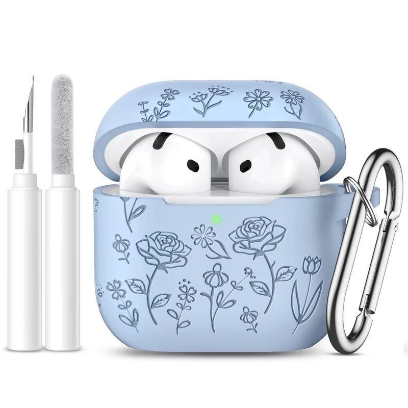 Dgege for AirPods 4 Case Cover(2024), Cute Flower Engraved Case Compatible with Apple airpods 4,Soft Silicone Full Protective Case for AirPods 4 Case with Keychain & Cleaner Kit for Women,Men（Lilac）