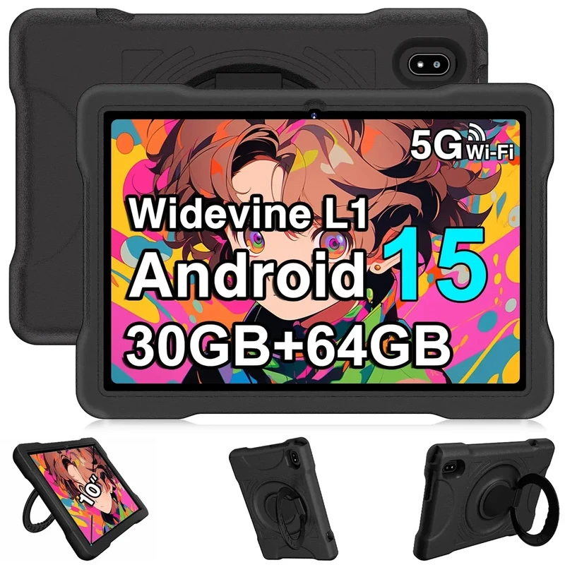 UJJ Kids Tablet 10 Inch Android 15 Tablets, 30GB RAM 64GB ROM 1TB Expand, Octa-Core Tablet with Gemini AI, 6000mAh, 5G WiFi, HD IPS Display, Widevine L1, Parental Control, Drop-Proof EVA Case (Black)