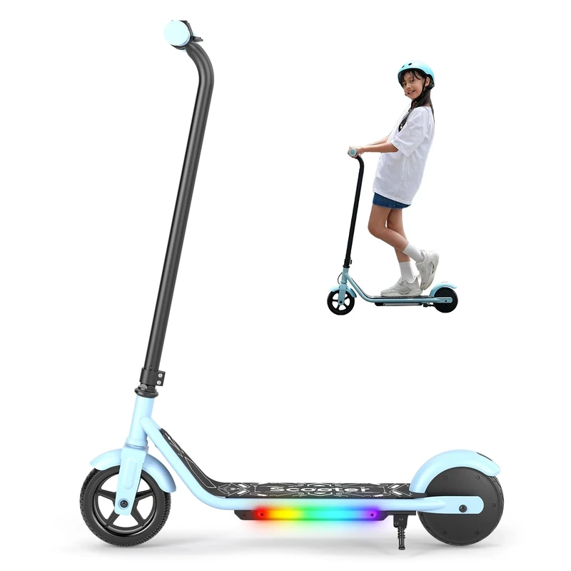 Electric Scooter for Kids, 150W Motor, Simple One-Button Control, 2 Safe Speeds (6/10 MPH), Colorful Lights, Magnetic Charging, Dual Brake System, Ideal Presents for Boys & Girls