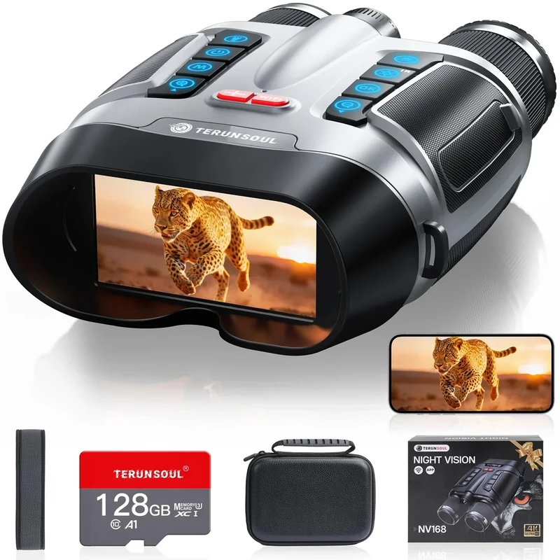 Night Vision Goggles - Smart APP 4K Night Vision Binoculars, 10000mAh Battery, 128GB Card Included, 3'' UHD Screen & 8X Zoom Binoculars, 2000FT Range Goggles for Camping, Hunting, Security (Silver)