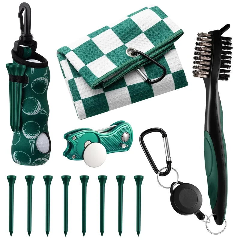 Liliful 12 Pcs Golf Accessories Kit, Include Golf Ball Bag with Hook Towel Tees Magnetic Ball Marker Divot Tool Cleaner Brush for Women Man Gifts (Checkered,Green)