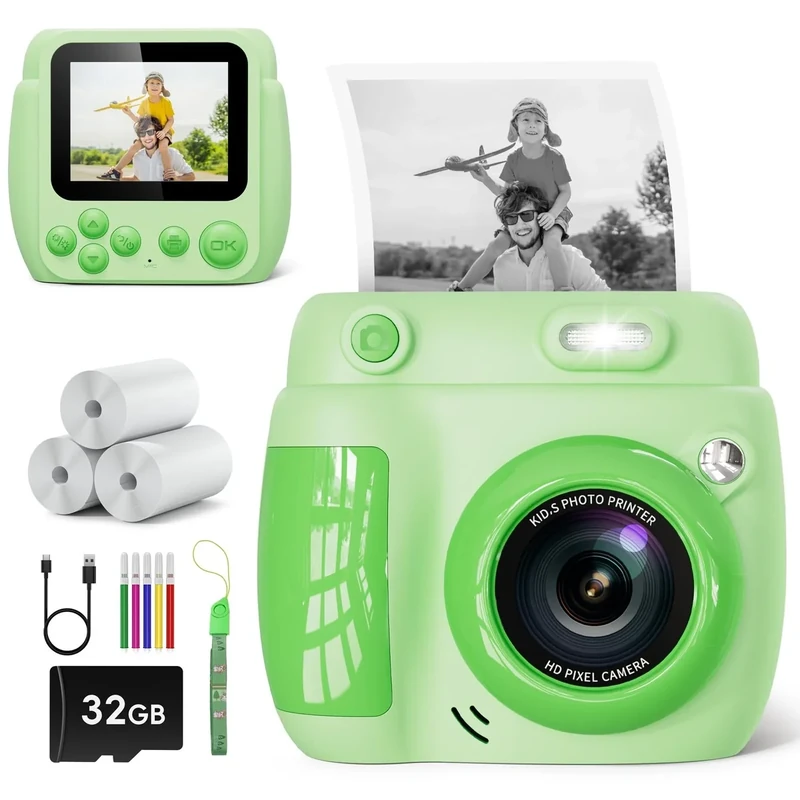 LETSHAHA Kids Print Camera - 1080P Video, 3 Rolls Paper, Ages 3-12