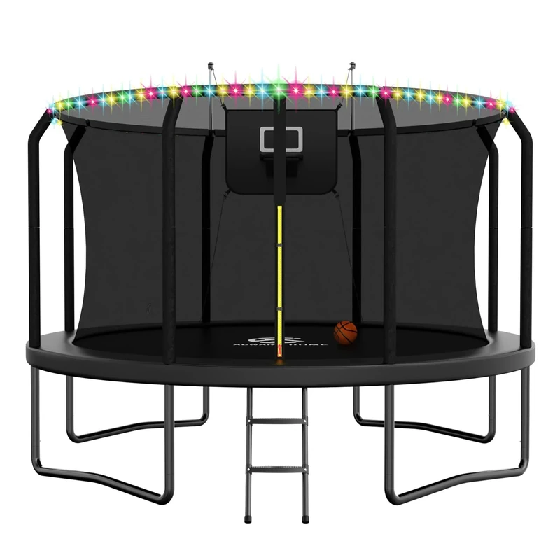 ACWARM HOME Trampoline Outdoor 12FT Trampoline with Basketball Hoop and LED Lights, Recreational Trampolines for Kids and Adults with Net and Ladder, ASTM Approved, Black