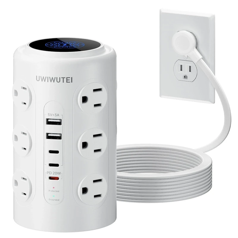 Tower Power Strip with 1 Dedicated PD 20W Fast-Charging Port, 12 Outlets, 5 USB Ports (3 USB-C), 1800J Protector, Desk Charging Station for Multiple Devices, 6FT Extension Cord, Home Office Essentials