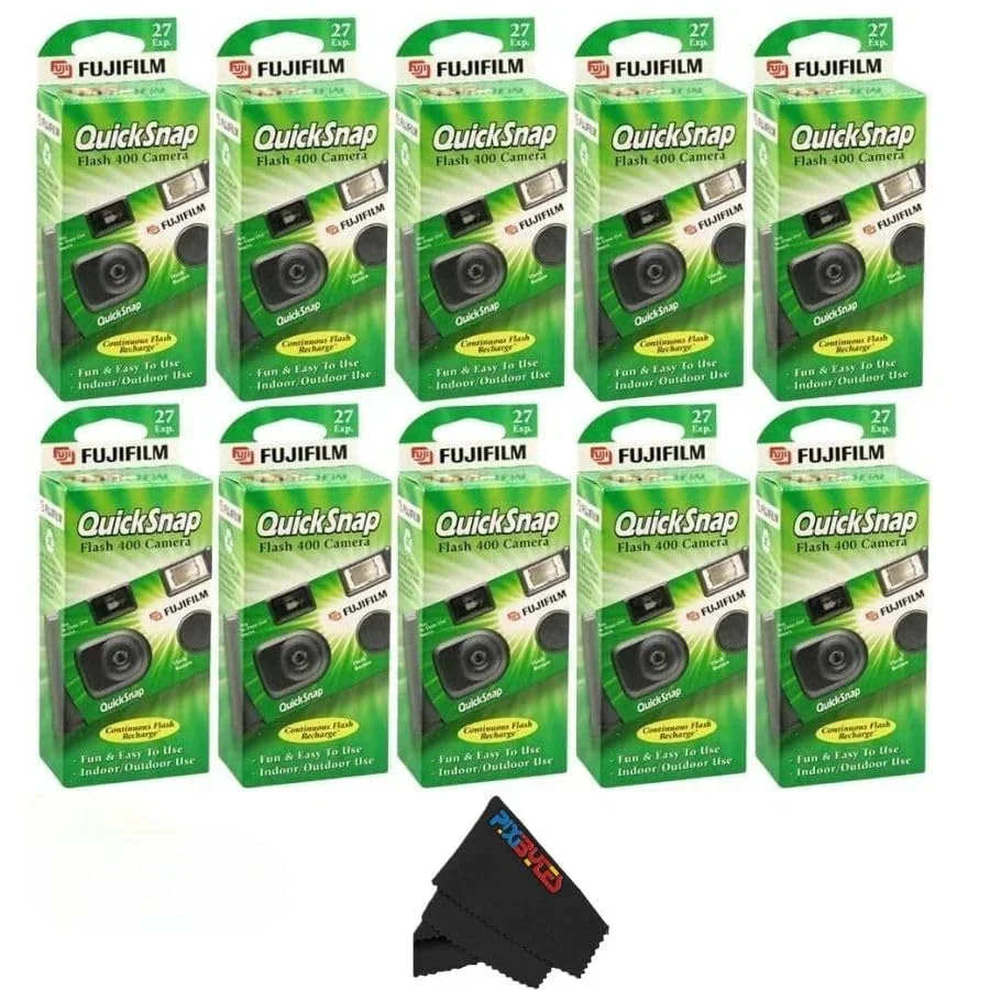 Fujifilm QuickSnap Flash 400 Disposable 35mm Camera with PixiBytes Microfiber Cleaning Cloth... (10 Packs (5 Twin Pack))