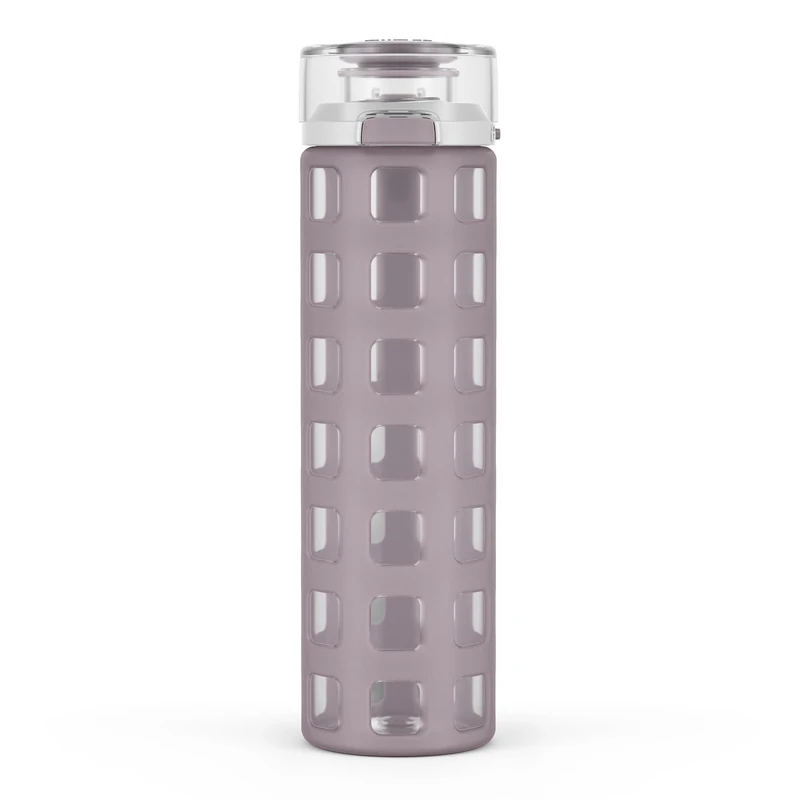 Ello Syndicate 20oz Reusable Glass Water Bottle with One-Touch Leak Proof Flip Lid, Protective Non-Slip Silicone Sleeve, Carry Loop for Coffee, Tea and Water, BPA-free, Dishwasher Safe, Mauvewood