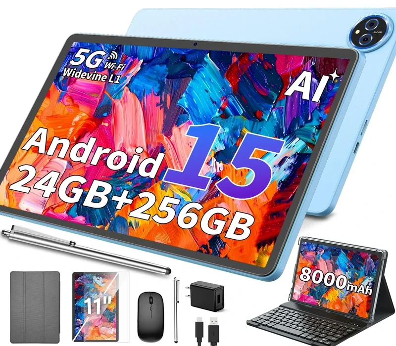 11 Inch Tablet Android 15 Tablet, 2026 Tablets with keyboard, 24GB+256GB+2TB Expand, 2 in 1 Tablets with Case Mouse Stylus, 8000mAh Battery, Octa-Core, Supports Widevine L1, 5G WiFi, GPS (Silver Case)
