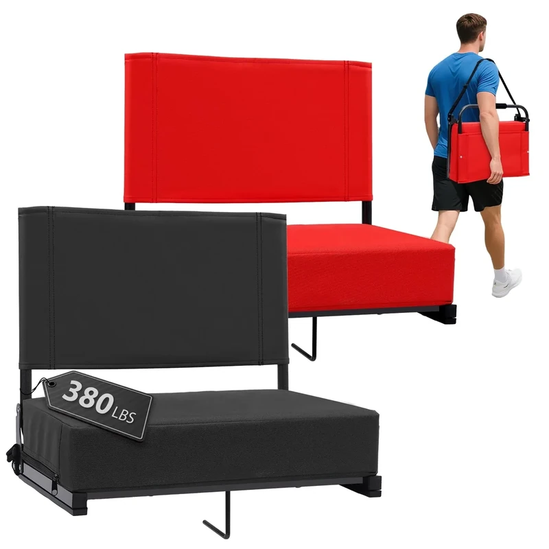 Stadium Seats with Back Support 2 Pack Padded Portable Bleacher Seat with Handle Shoulder Strap - 18.4in Wide Bleacher Chair with Back and Cushion for Sports & Outdoor Events（Black & Red）