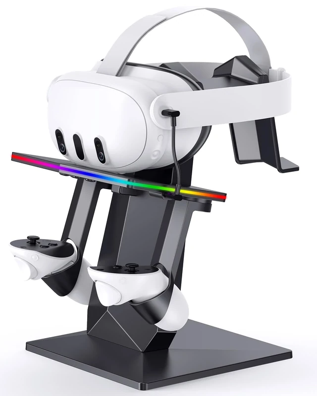 Charging Dock for Meta Quest 3S, Quest 3, 2 or Pro，RGB Charging Vertical Stand，Accessories with Brightness Adjustment and 14 Light Effects Adjustment, Type-C Charging Port