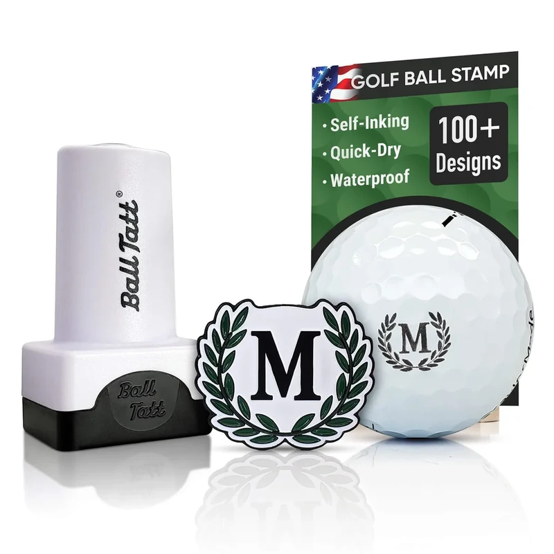 Ball Tatt - Golf Ball Stamp - Self-Inking Marker - Quick-Dry Permanent Marking Tool, No Leaks or Refills, Reusable with M Monogram Wreath Golf Ball Marker for Golfers, Dads, Retirement