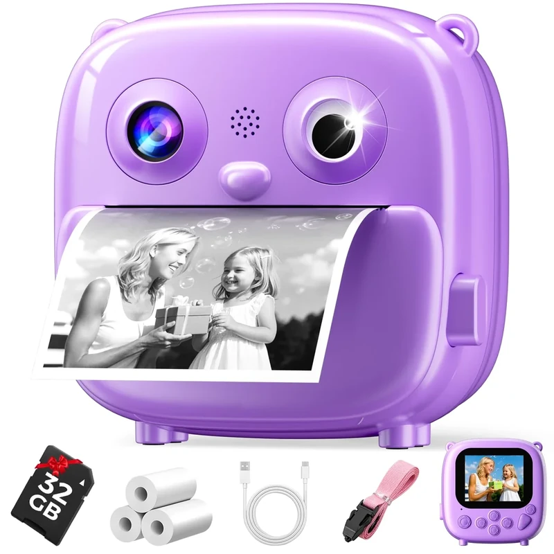 Ploomen Kids Print Camera - 1080P HD Video, 22 Frames, Purple