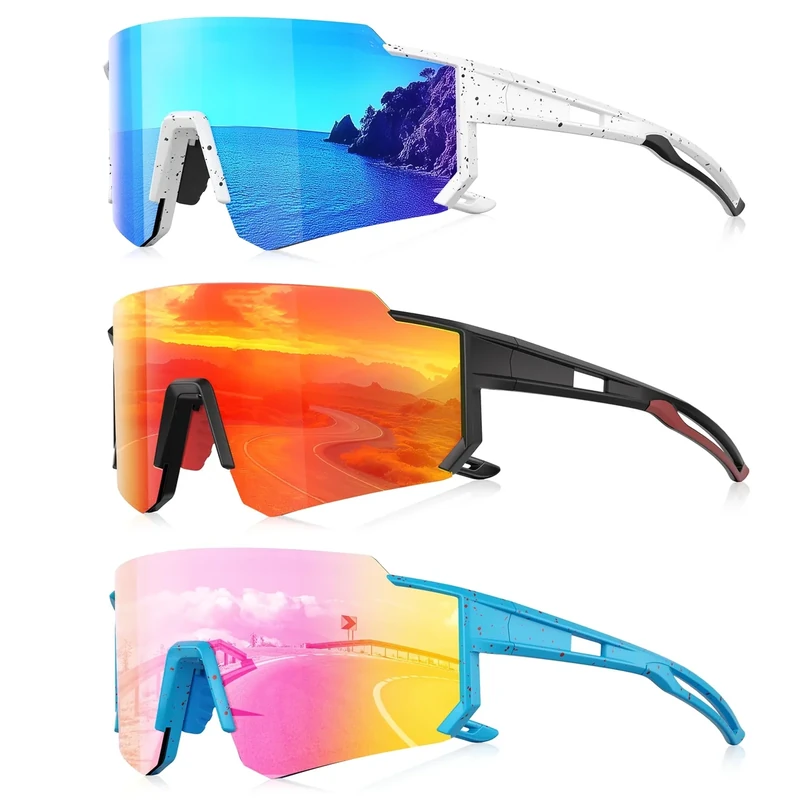 Foliful 3 Pack Polarized Sunglasses for Men Women, Sports Mens Sunglasses with UV400 Protection for Baseball Cycling Running, Ice Blue/Red/Pink