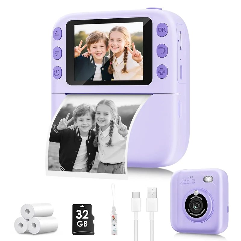 Yusuuo Instant Print Camera for Kids - 1080P Video, 32GB SD, Purple