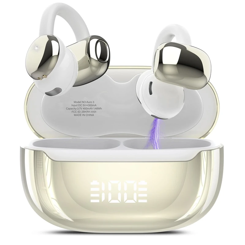 Open Ear Earbuds Wireless Clip on Headphones Bluetooth 5.4 Ear Buds with DNN Noise Cancelling, 48H Playtime, Low Latency, Fashion Design, Secure Fit, Crystal-Clear Sound for Music & Calls (Gold)
