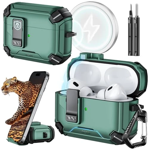 Inesore Auto-Locking AirPods Pro Case - Phone Stand - Forest Green