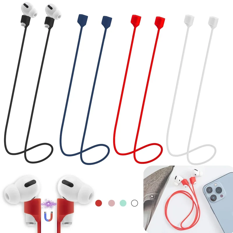 Magnetic Anti-Lost Straps for AirPods,4 Pack Ultra Strong Magnetic AirPod Strap Anti-Lost Neck Rope Cord,Soft Silicone Sports Lanyard Compatible with AirPods 1&2/ Pro /2nd/3rd (Black+White+Red+Blue)