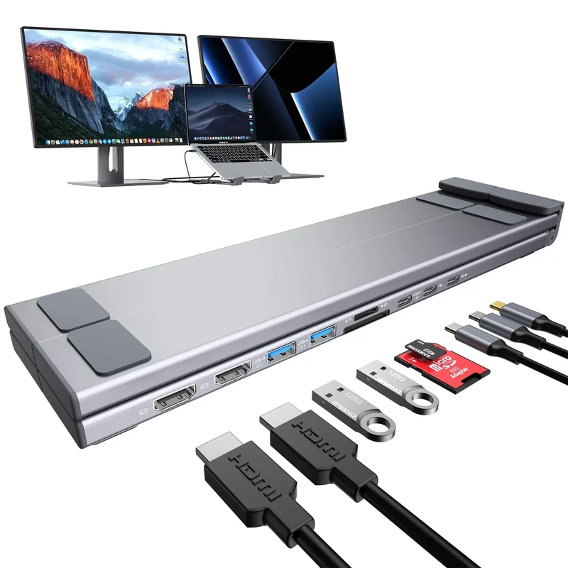 Mukiya USB-C 9-in-1 Docking Hub - Dual 4K HDMI, 100W PD